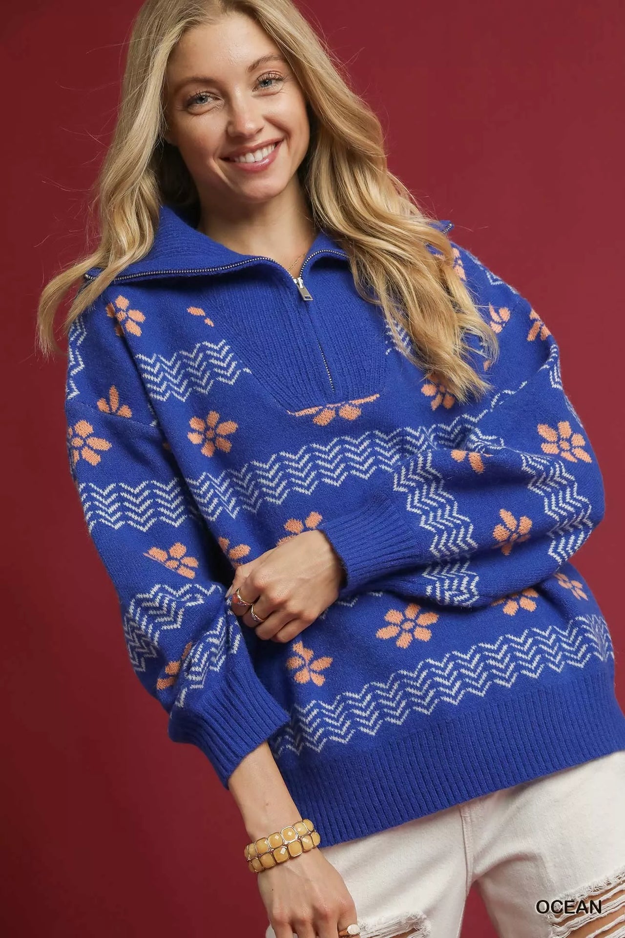 Umgee Floral Patterned Jacquard Quarter-Zip Pullover Sweater