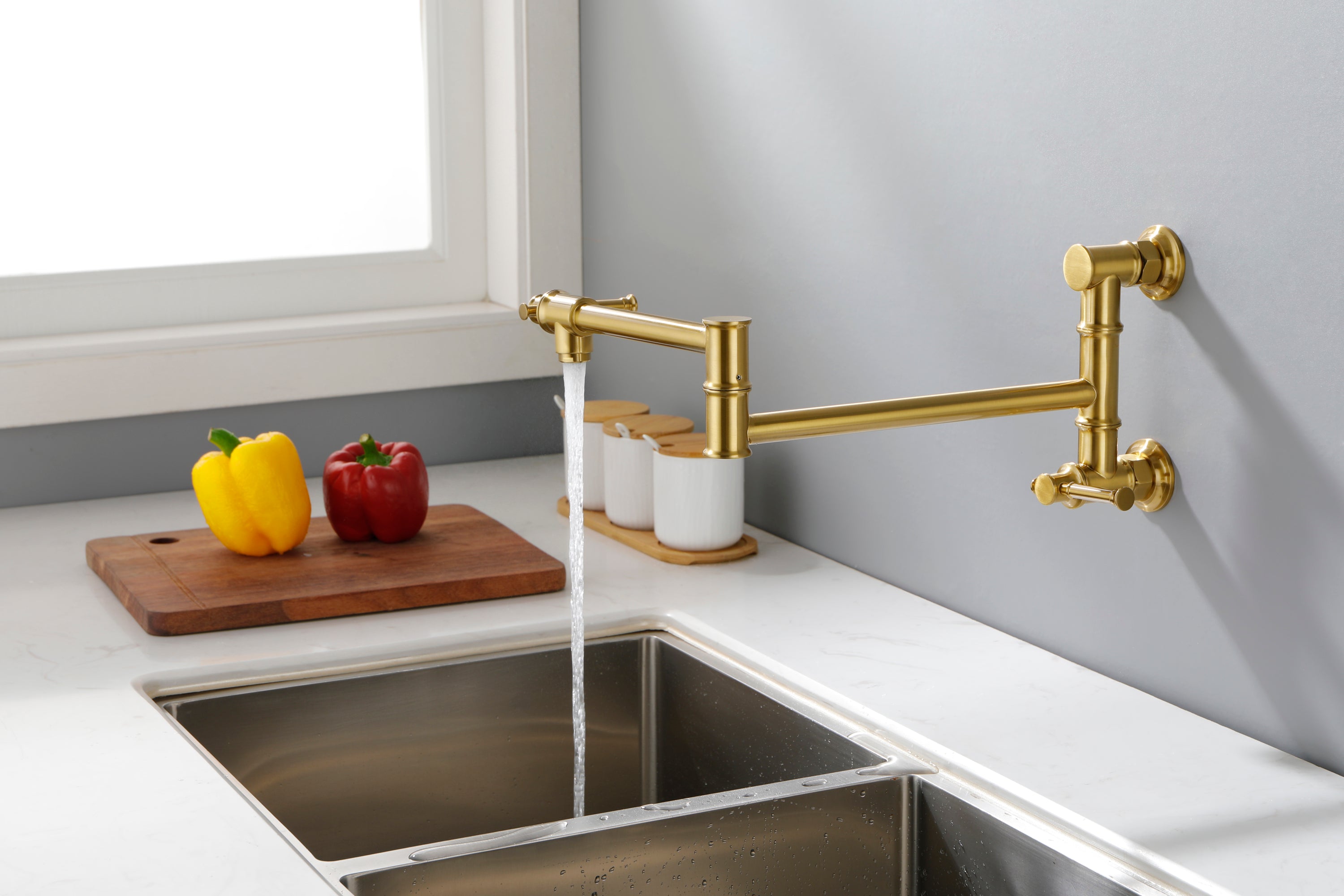 Wall mounted Pot Filler Faucet, Modern Brass Pot Filler Two-Attachment Wall Mount Folding Kitchen Pot Filler Swing Arm