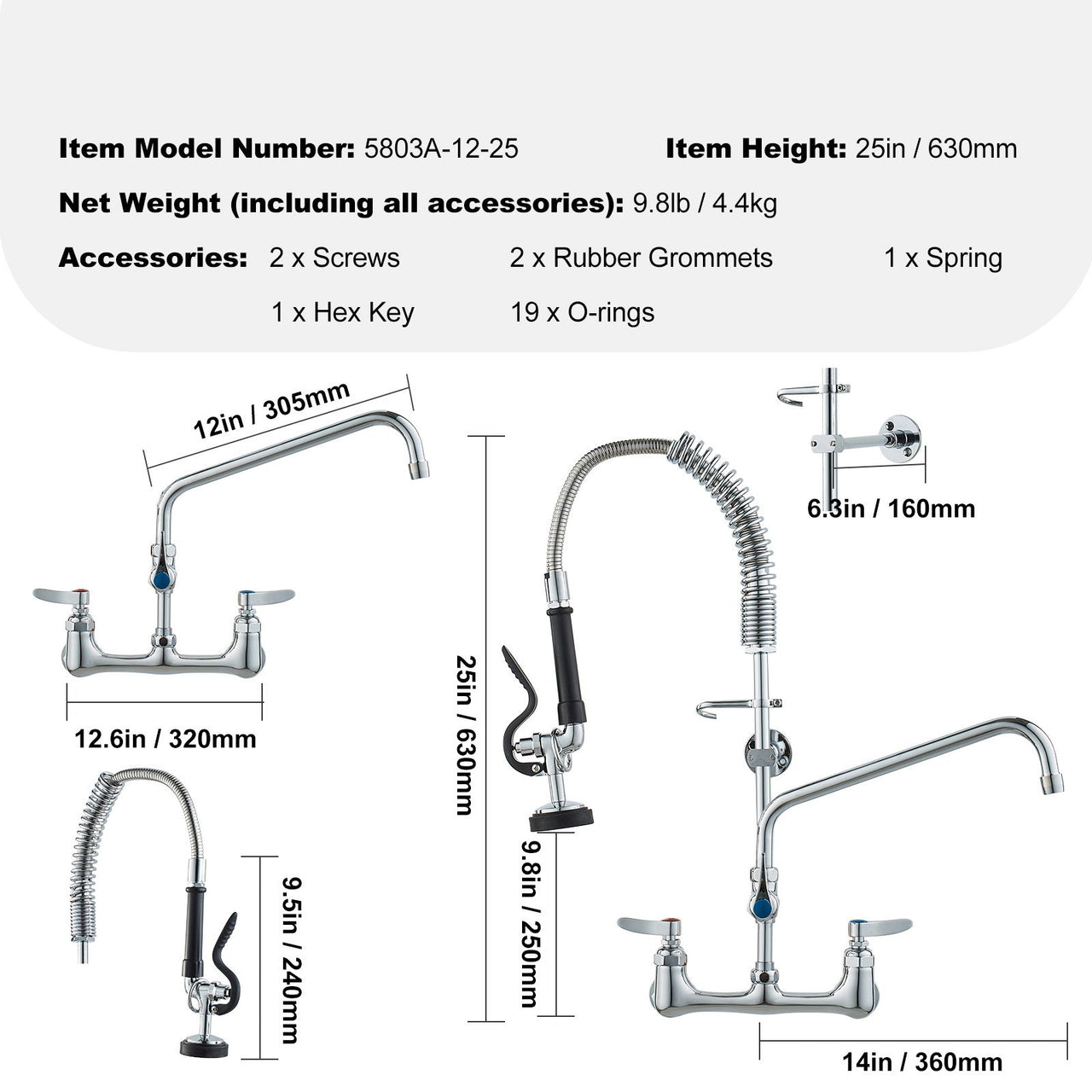 Commercial Faucet with Pre-Rinse Sprayer, 25' Height, 8' Center, 12' Swing Spout, Wall Mount Kitchen Sink Faucet, Brass Constructed Device with Pull Down Spray, for 1/2/3 Compartment Sink