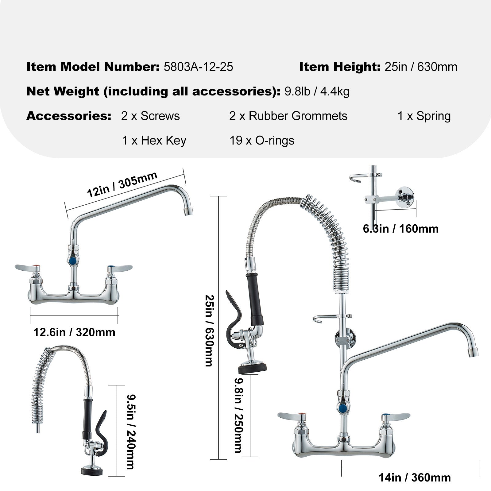 Commercial Faucet with Pre-Rinse Sprayer, 25' Height, 8' Center, 12' Swing Spout, Wall Mount Kitchen Sink Faucet, Brass Constructed Device with Pull Down Spray, for 1/2/3 Compartment Sink