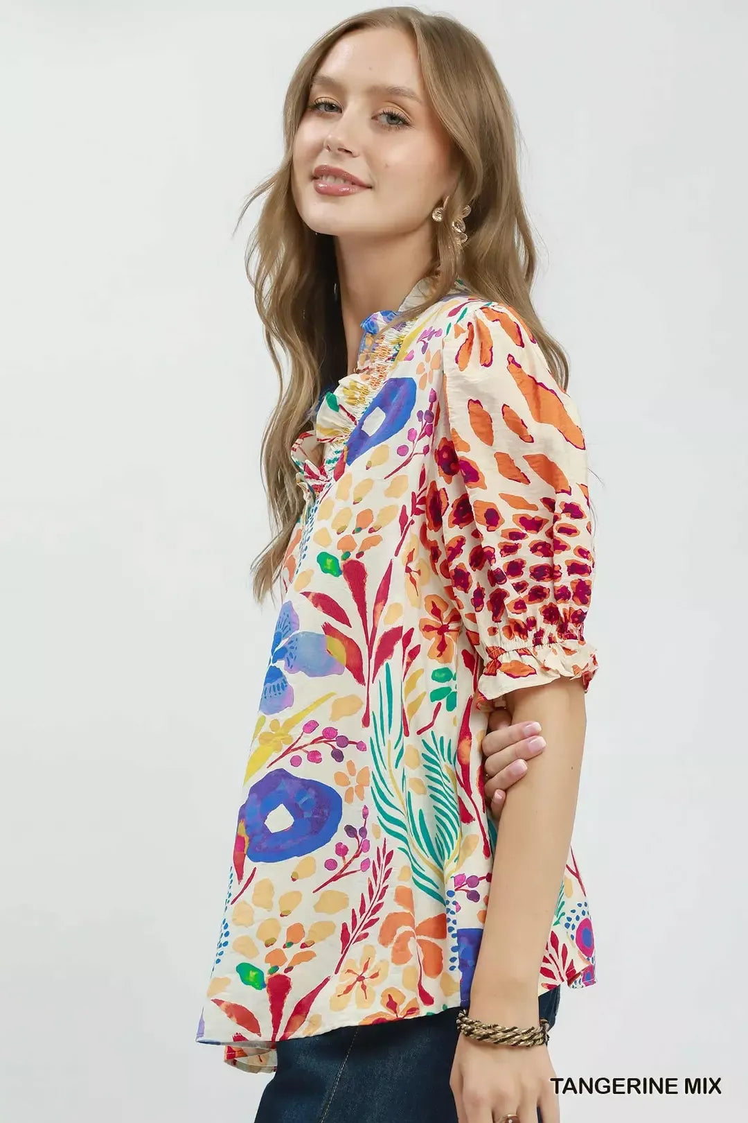 Umgee V-Neck Ruffle Trim Puff Sleeve Top
