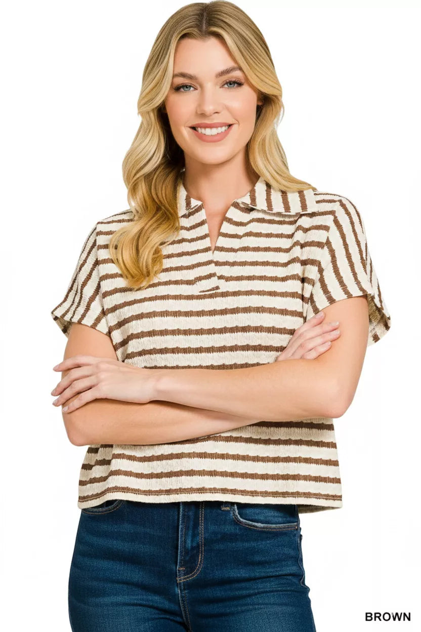 Zenana Striped Split Neck Collared Top