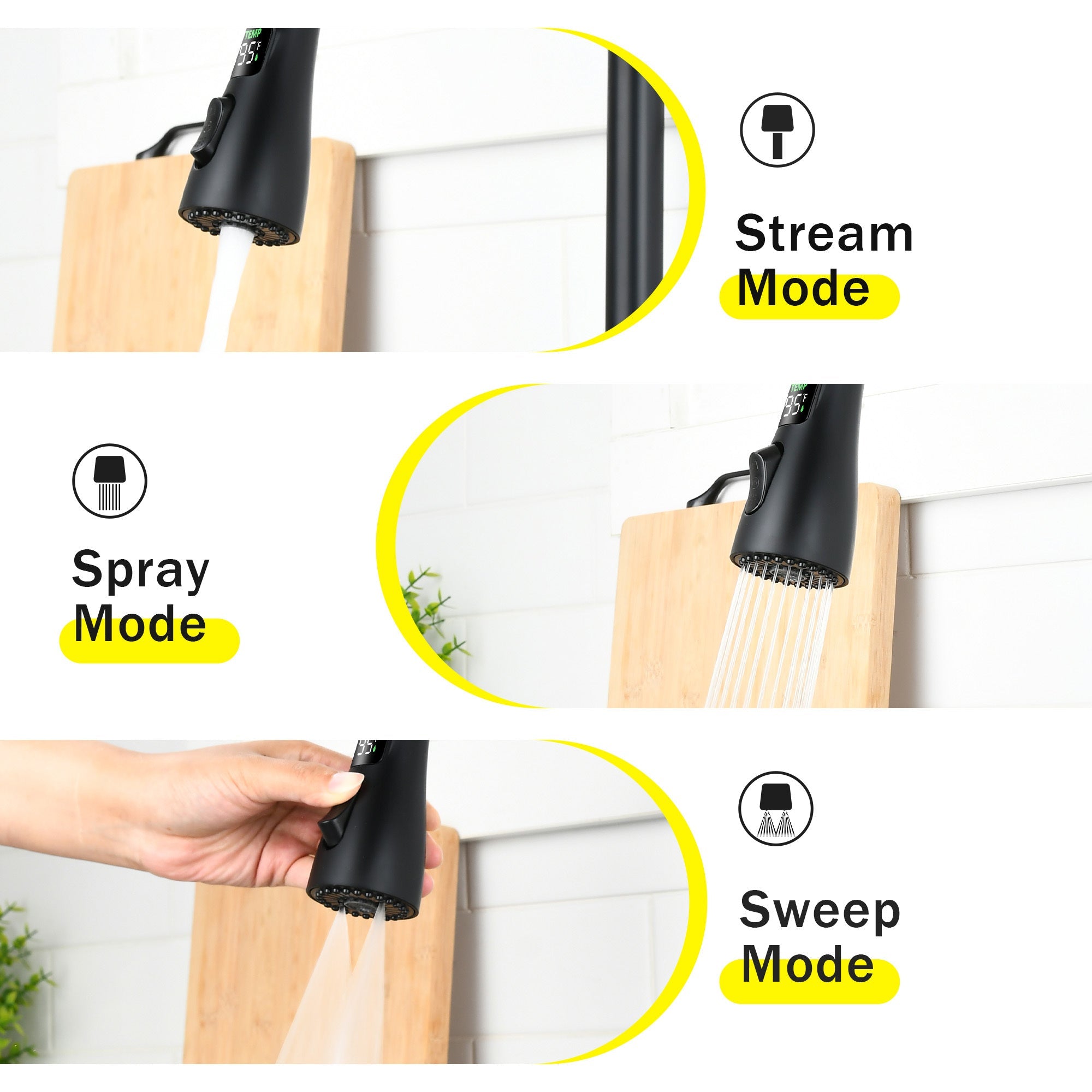 3-in-1 Matte Black Kitchen Faucet with LED Temperature Display, Press-Type Glass Rinser, Pull-Down Sprayer, 3 Spray Modes