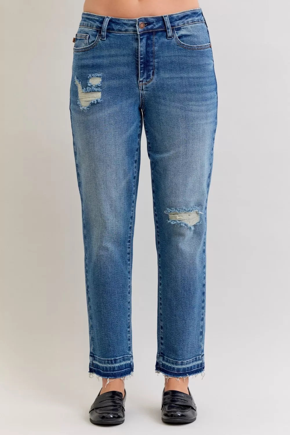 Judy Blue Full Size Mid Rise Bf Patch & Repair Destroyed Release Hem Jeans Plus Size