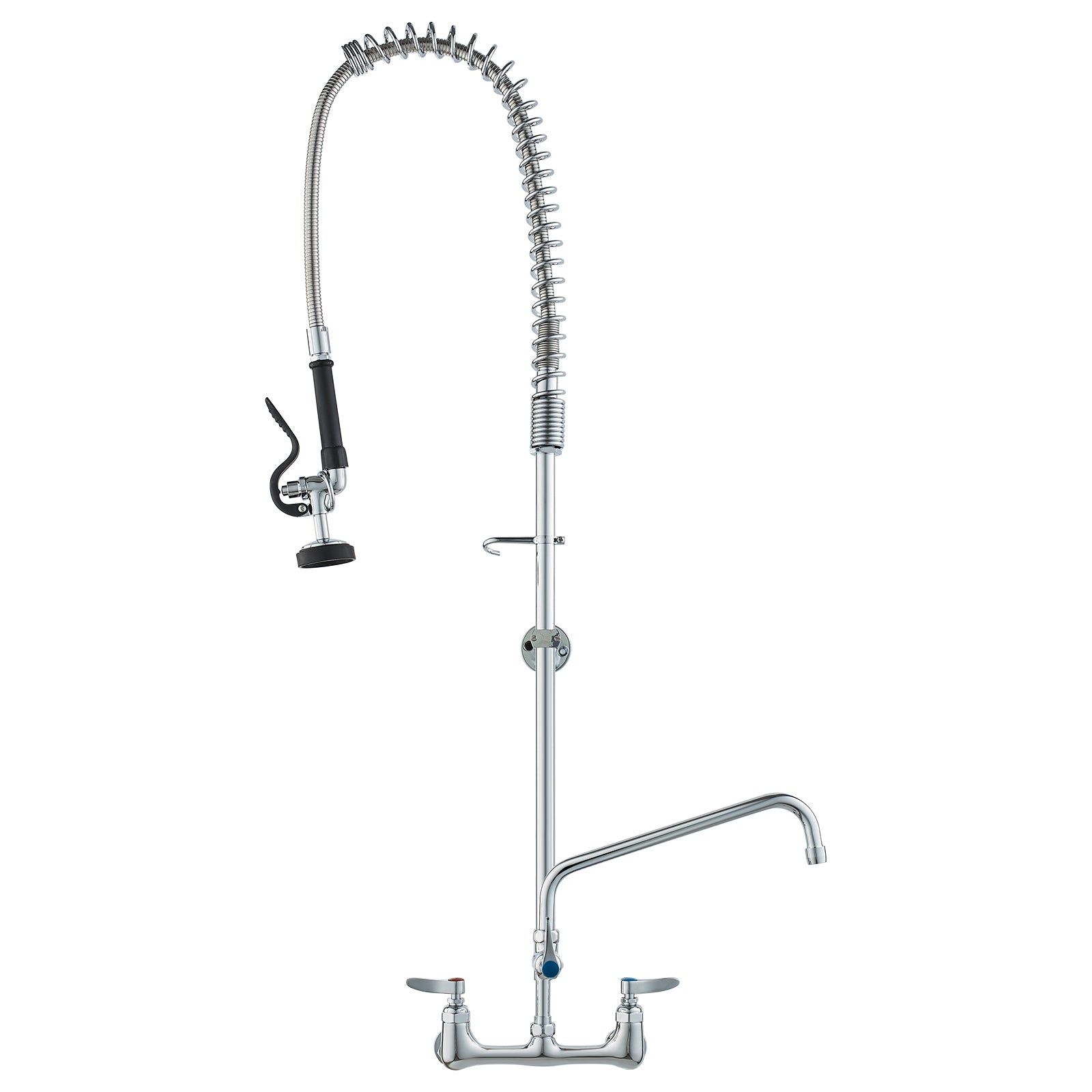 Commercial Faucet with Pre-Rinse Sprayer, 47' Height, 8' Center, 12' Swing Spout, Wall Mount Kitchen Sink Faucet, Brass Constructed Device with Pull Down Spray, for 1/2/3 Compartment Sink