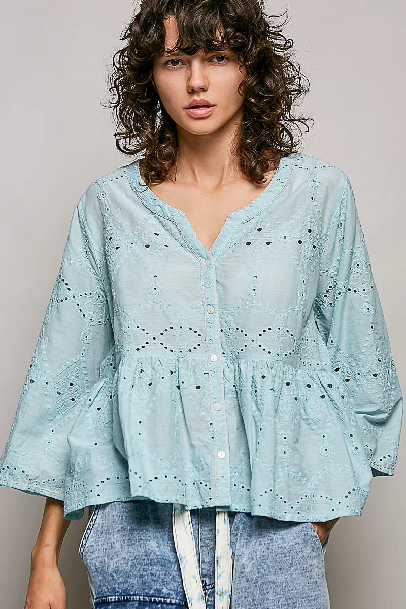 POL Eyelet Embroidery Peplum Button Front Cotton Shirt