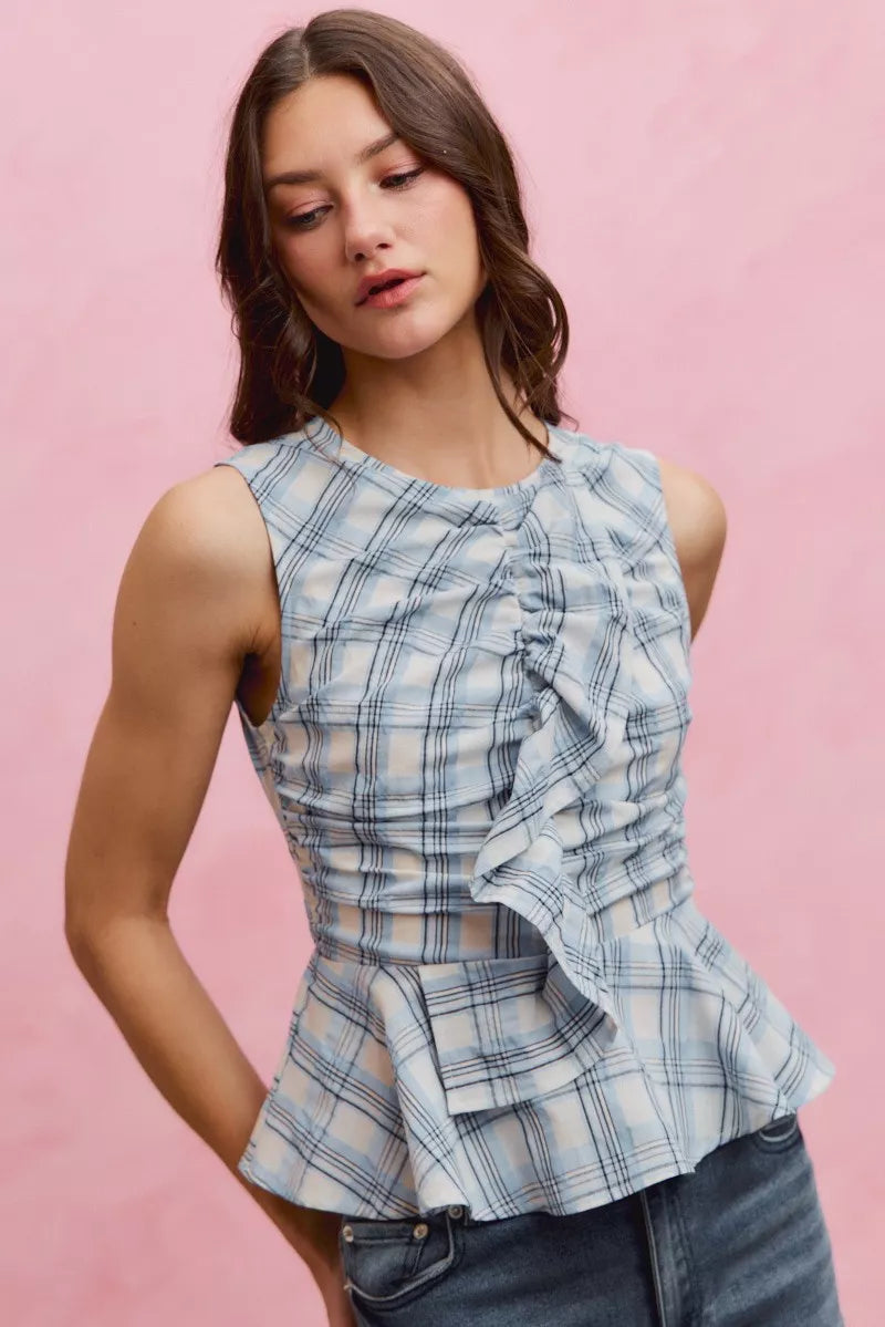 SO ME Plaid Sleeveless Ruffle Peplum Top