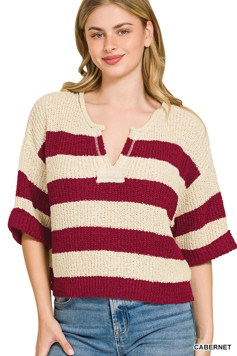 Zenana Split Neck Stripe Sweater