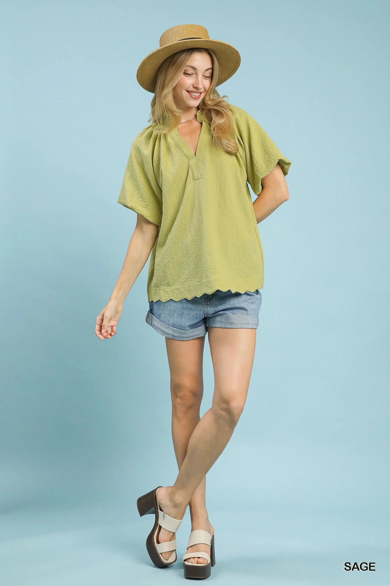 Umgee Scalloped Hem Textured Blouse