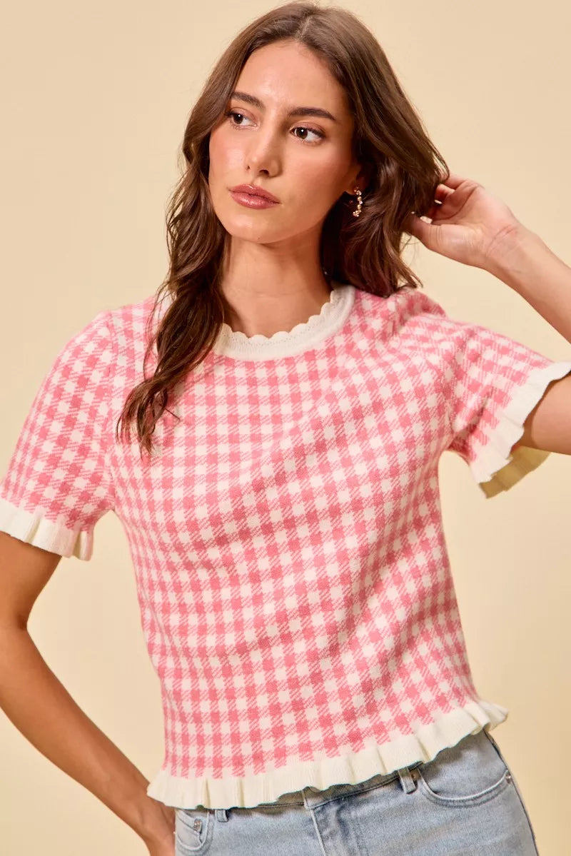 SO ME Gingham Knit Ruffled Short Sleeves Sweater Top