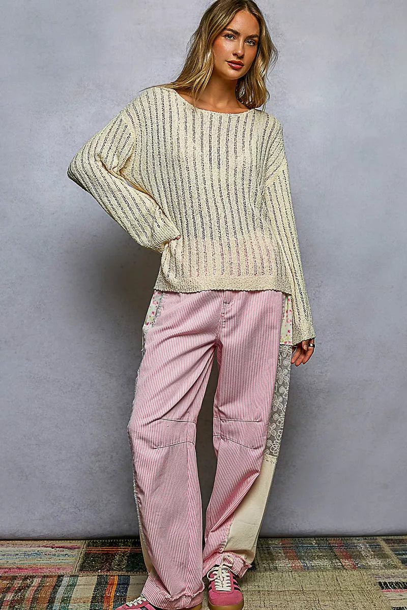 POL Round Neck Long Sleeve Open Weave Sweater