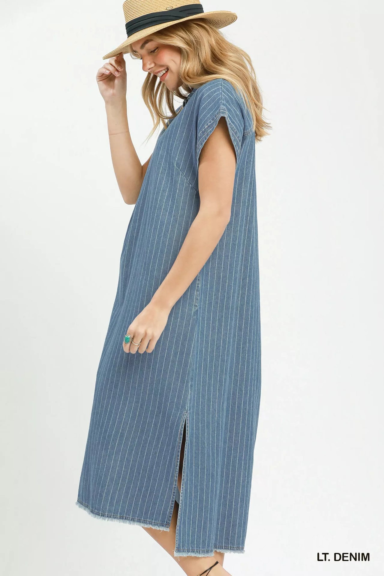 Umgee Pinstripe Denim Collared Midi Dress with Side Slits
