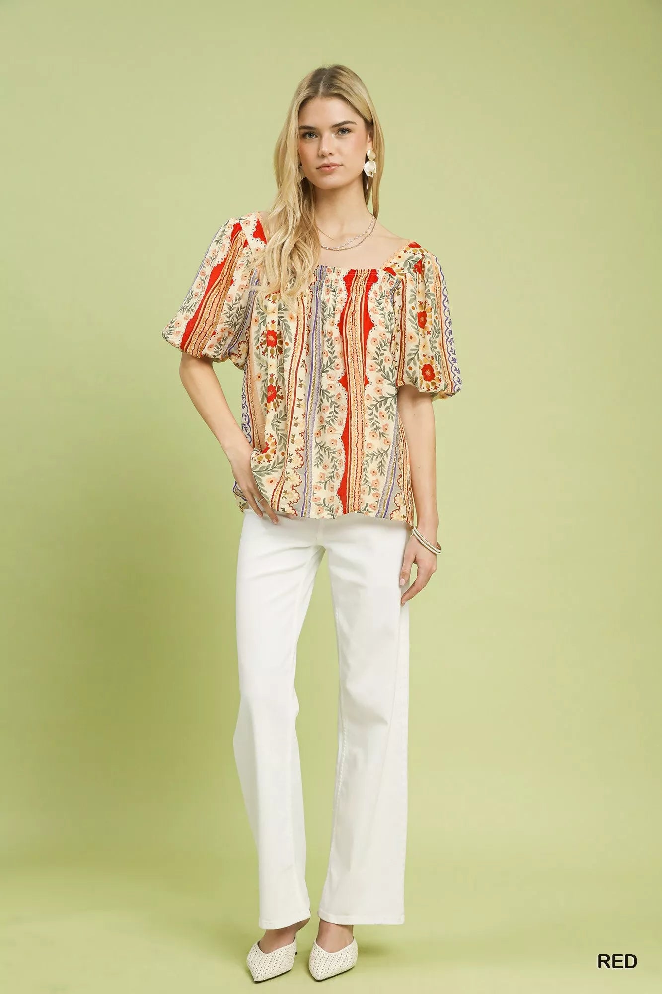 Umgee Patchwork Puff Sleeve Smocked Blouse