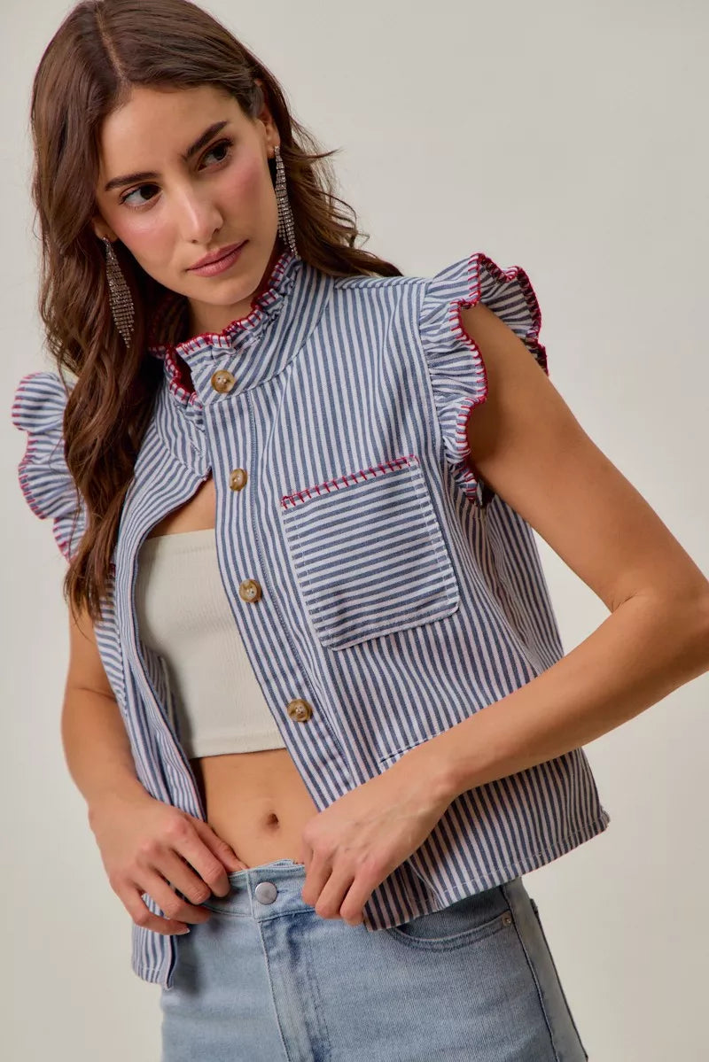 SO ME Stripe Twill Stitch Ruffled Hidden Button Vest Top