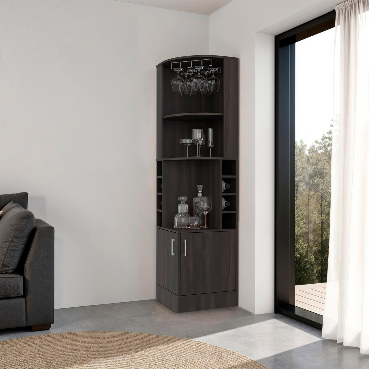 Cairo Corner Bar Cabinet with Double Door Cabinet, Glass Rack, Eight Built-in Wine Rack, Dark Walnut