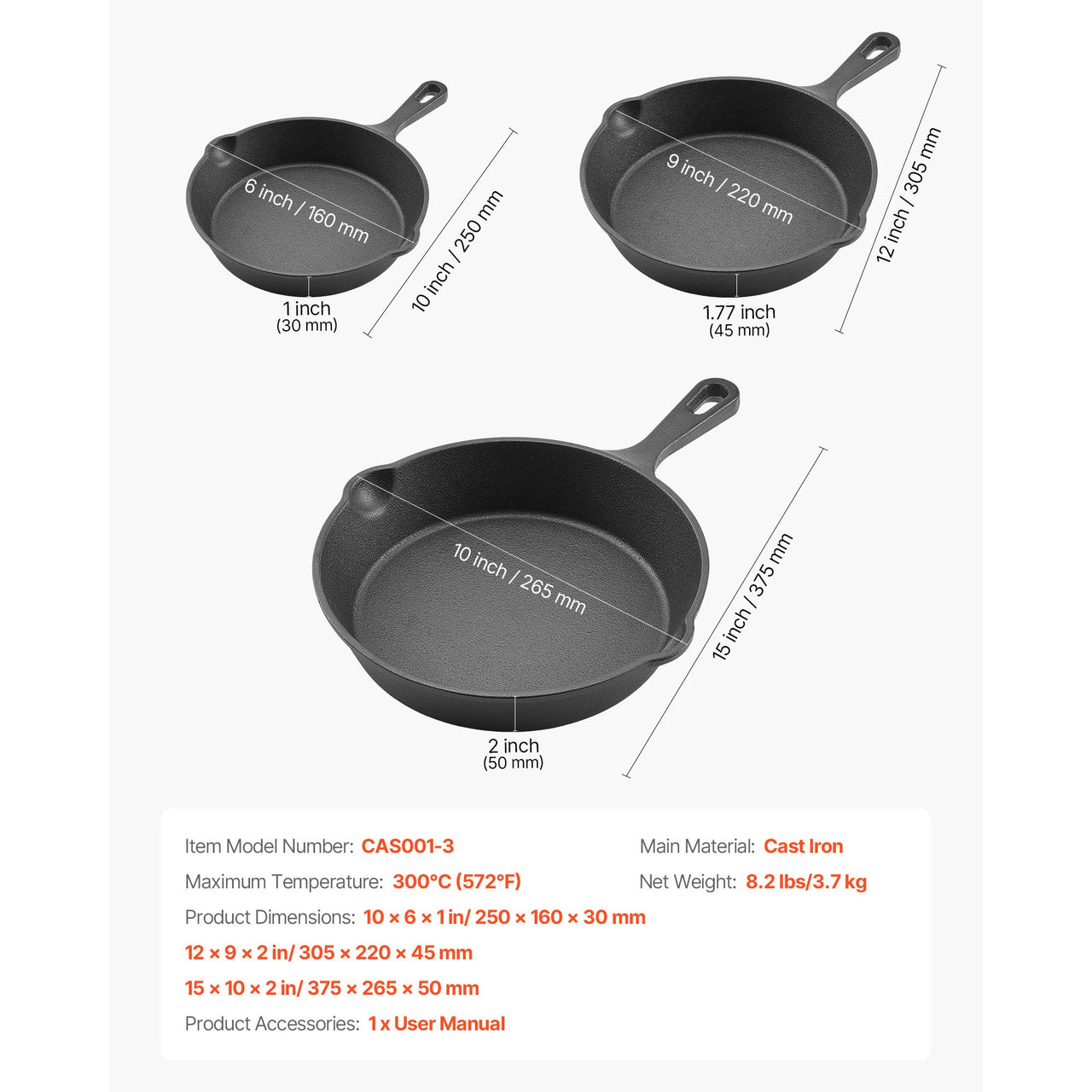 3 Piece Cast Iron Skillet Frying Pan Set 6 8 10 in Handle Pre-Seasoned Black