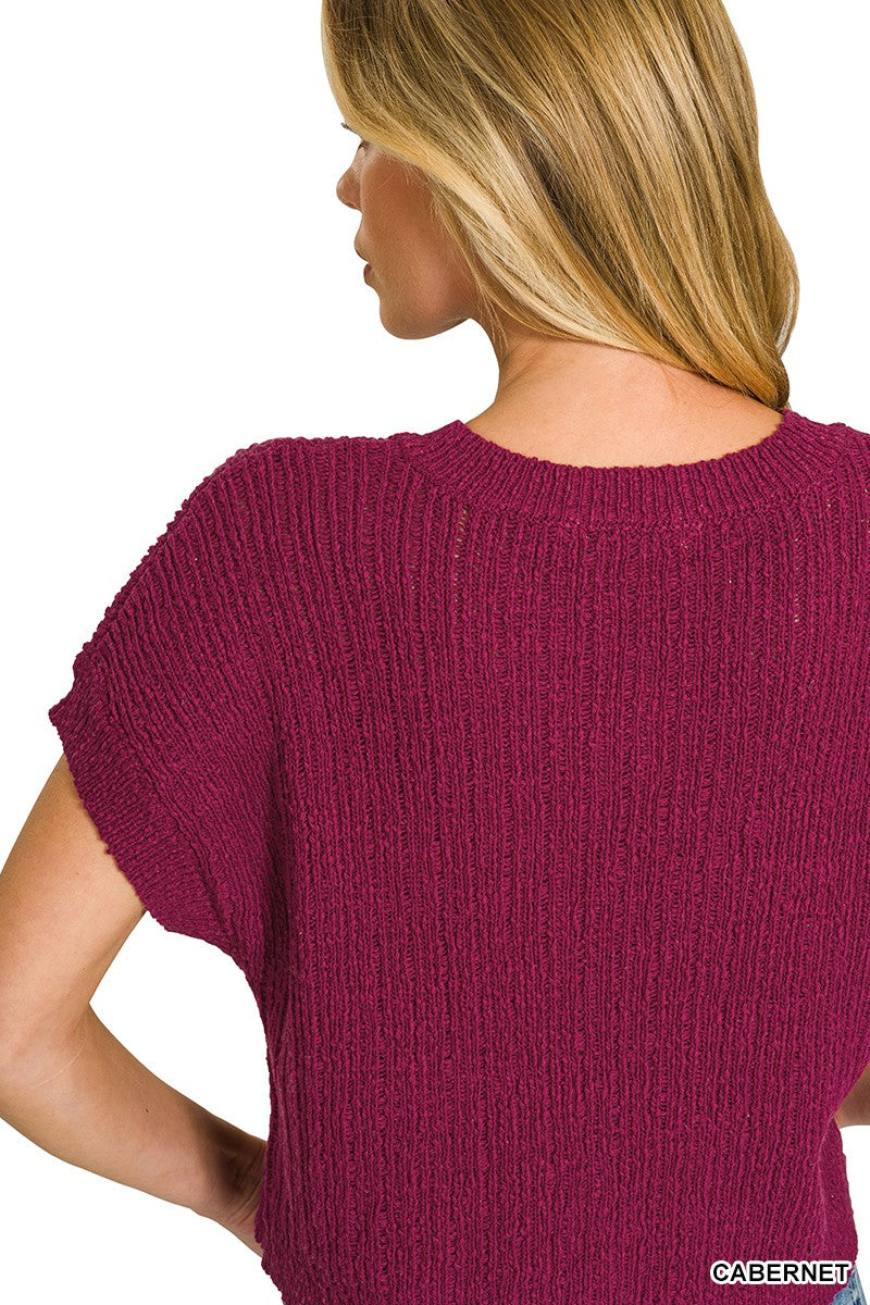 Zenana Textured Knit V-Neck Cropped Sweater