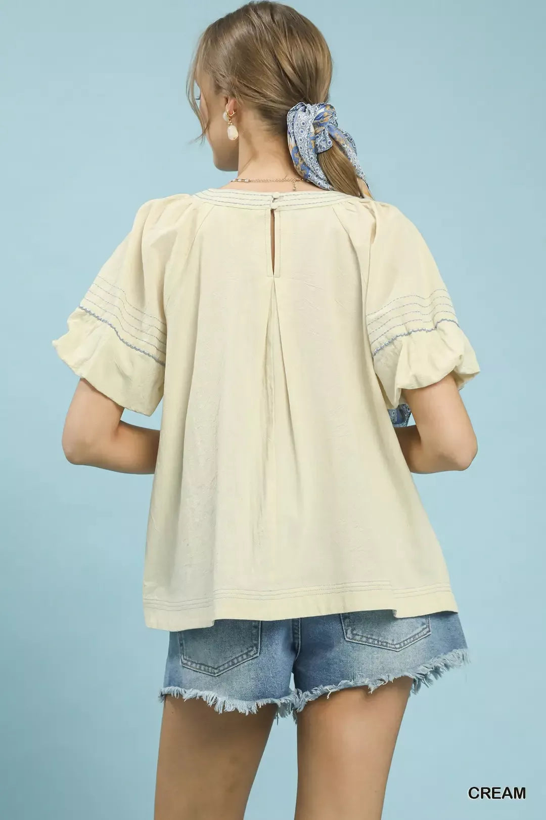 Umgee Round Neck Puff Sleeve Top with Contrast Stitch Detail