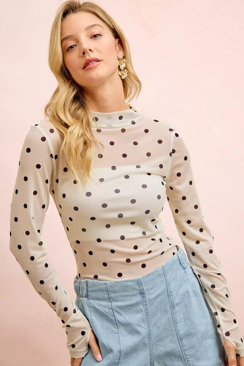 BiBi High Neck Line Polka Dots Mesh Top With Thumb Open