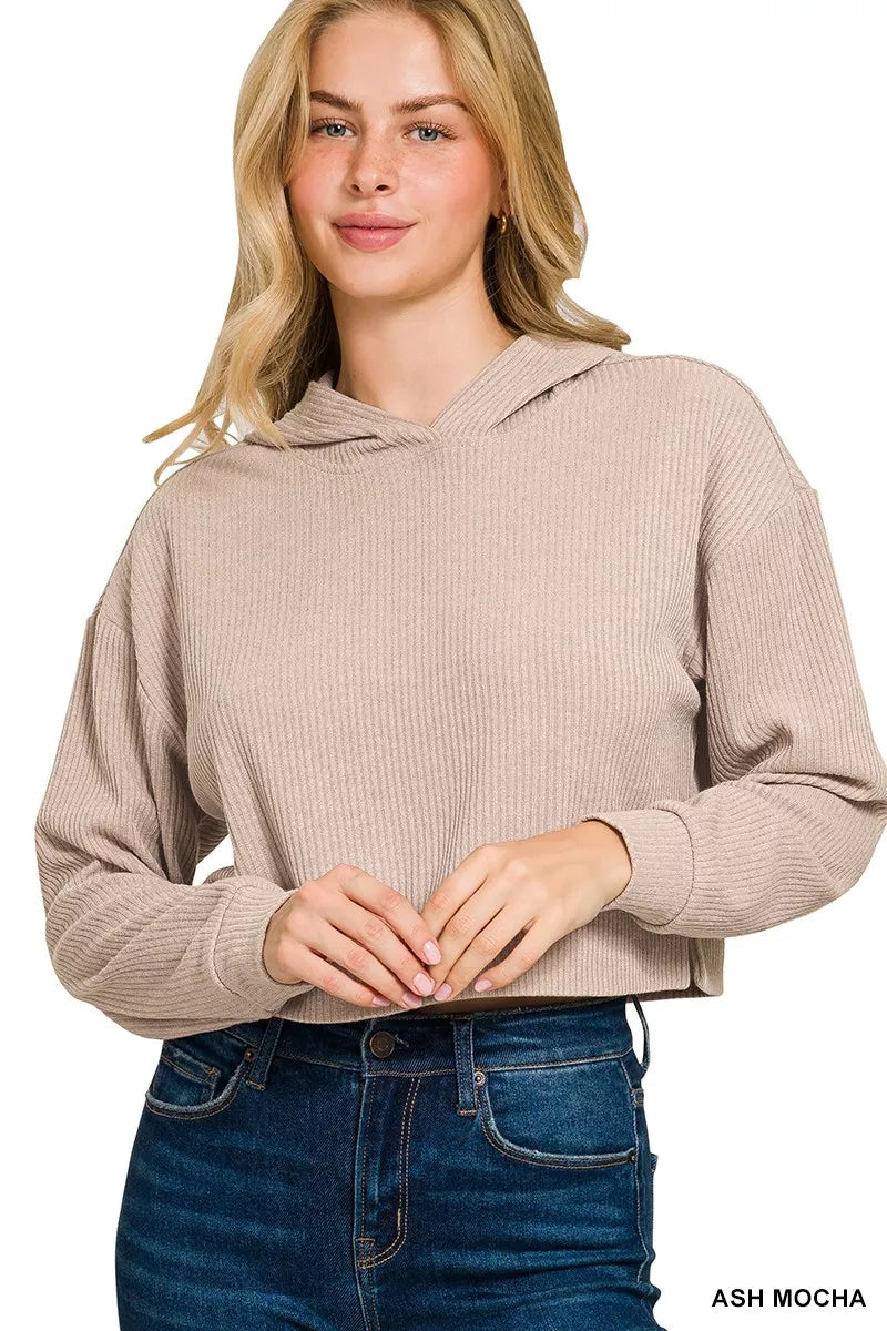 Zenana Drop Shoulder Ribbed Crop Hoodie