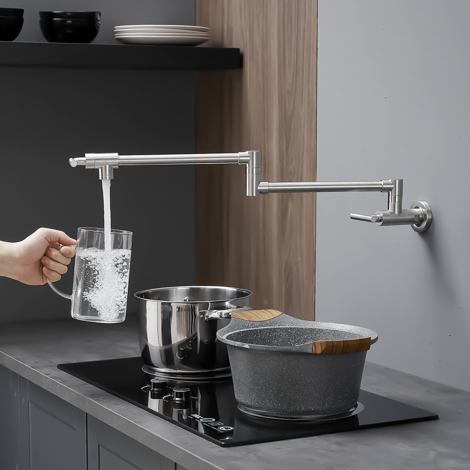 Pot Filler,Wall Mount Commercial Pot Filler Faucet,304 SS Material Kitchen Folding Faucet,Coffee Machine Faucet with Stretchable Double Joint Swing Arms,Style A,Black ened