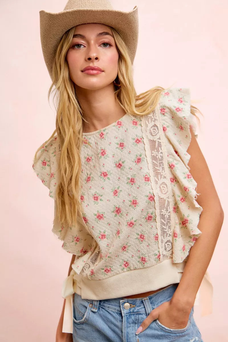 BiBi Flower Printed Ruffle Sleeve Trim Detail Top