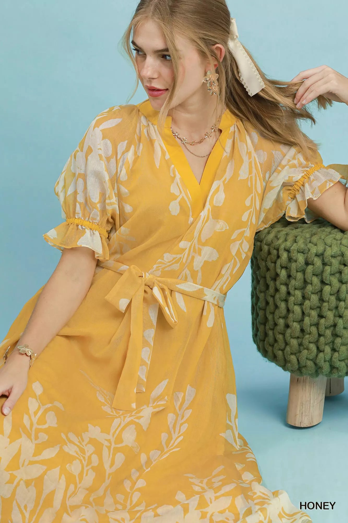 Umgee Floral Print Tie Waist Midi Dress with Side Pockets