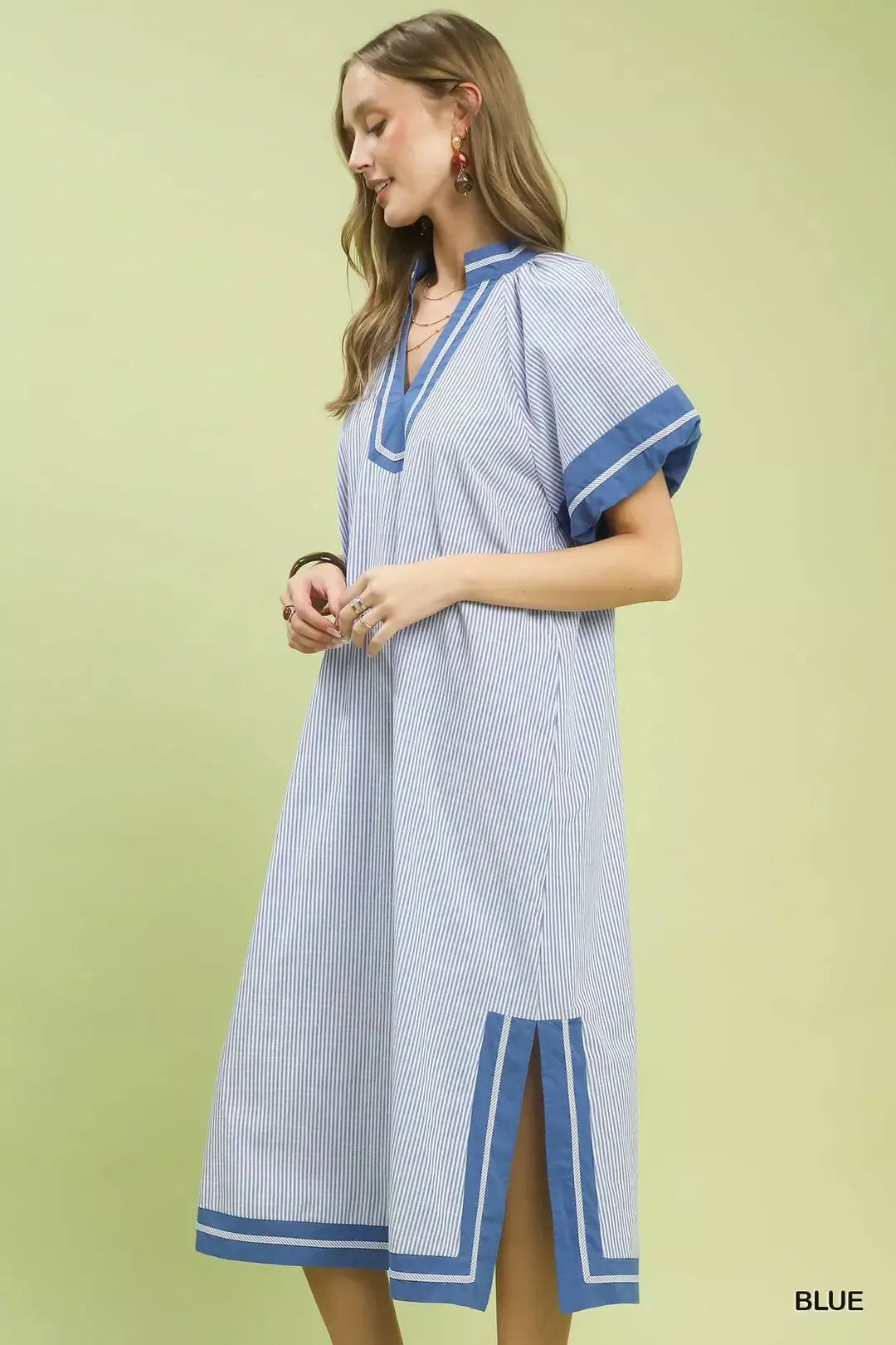 Umgee Pinstripe Contrast Trim Midi Dress