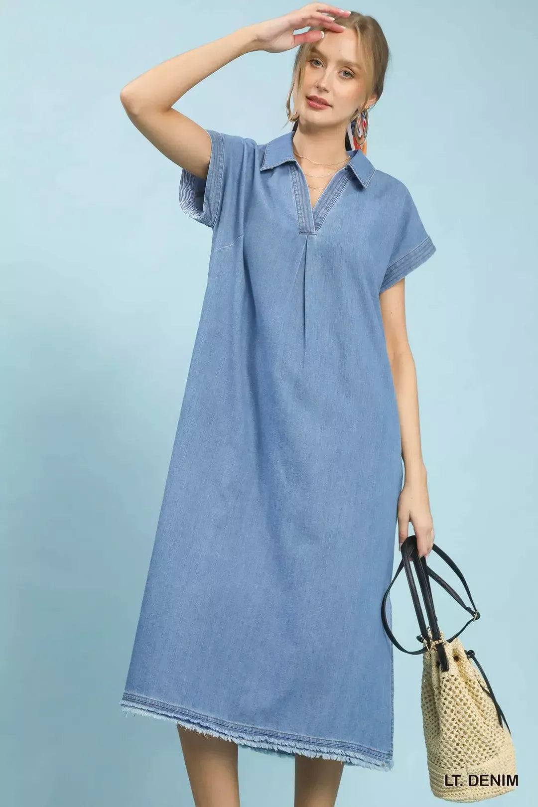 Umgee Stone Washed Collared Denim Midi Dress