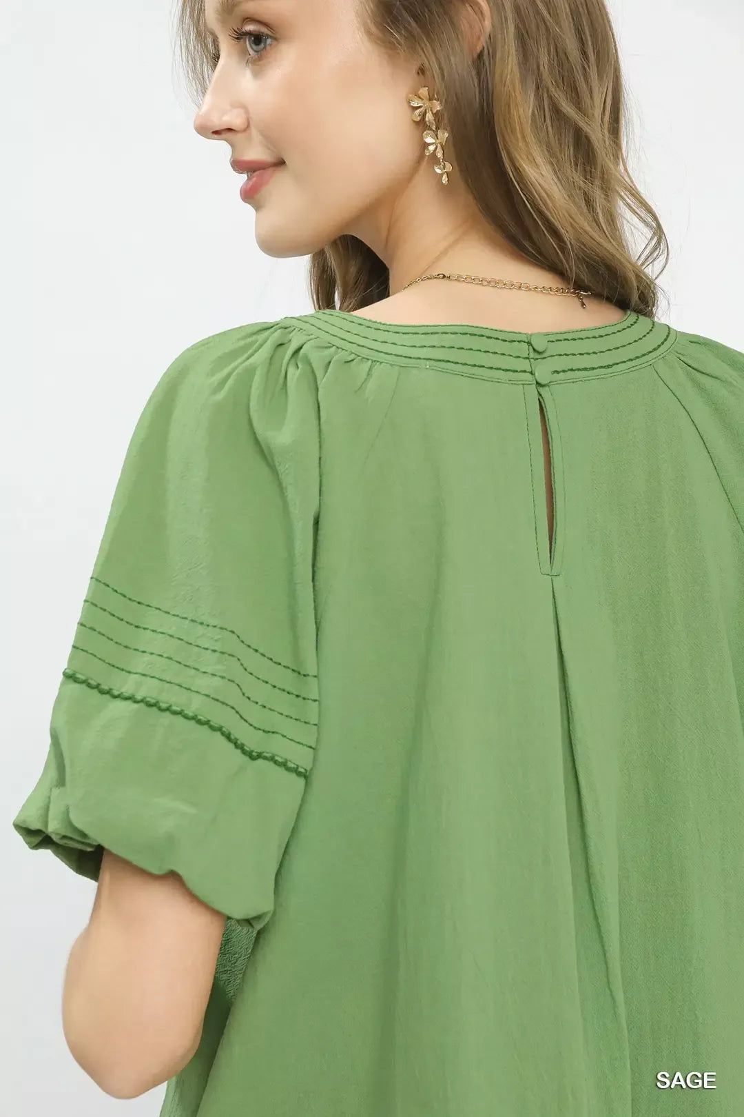 Umgee Round Neck Puff Sleeve Top with Contrast Stitch Detail