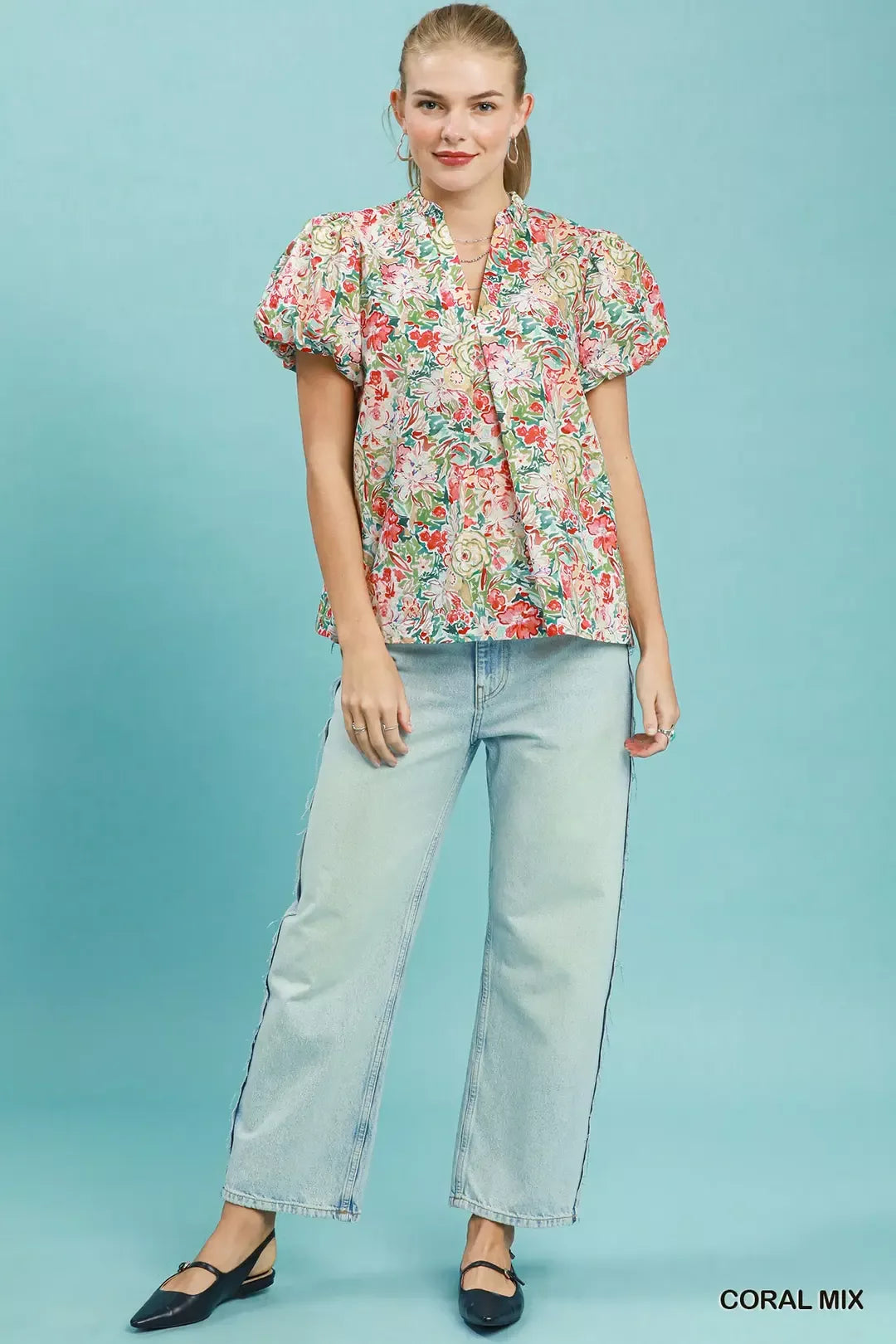 Umgee Floral Puff Sleeve Blouse