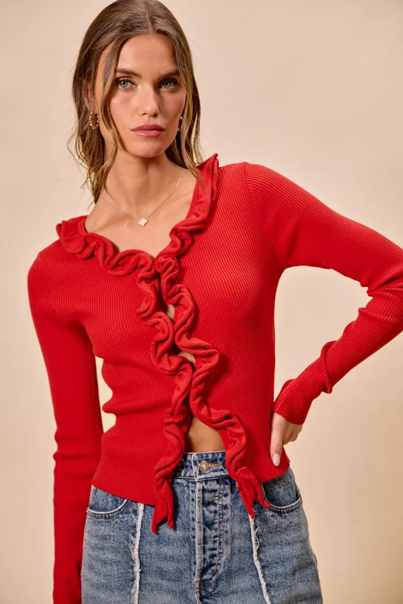SO ME Cascade Ruffle Ribbed Sweater Cardgian