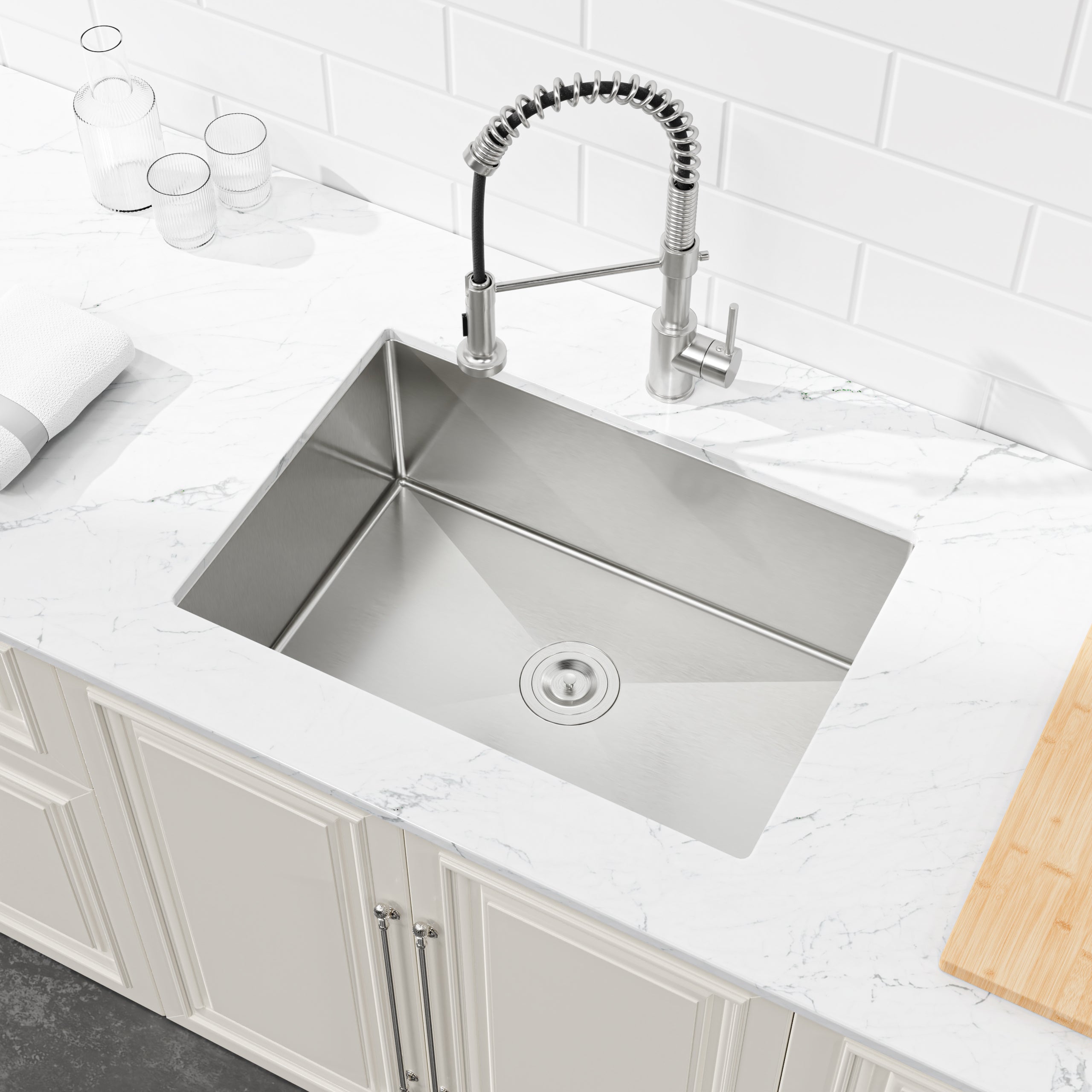 Stainless Steel Kitchen Sink, 27″x19″ Single Bowl, Undermount Handmade Sink in Brushed Nickel, with US Standard Drain and Hook, LS-SSBR06