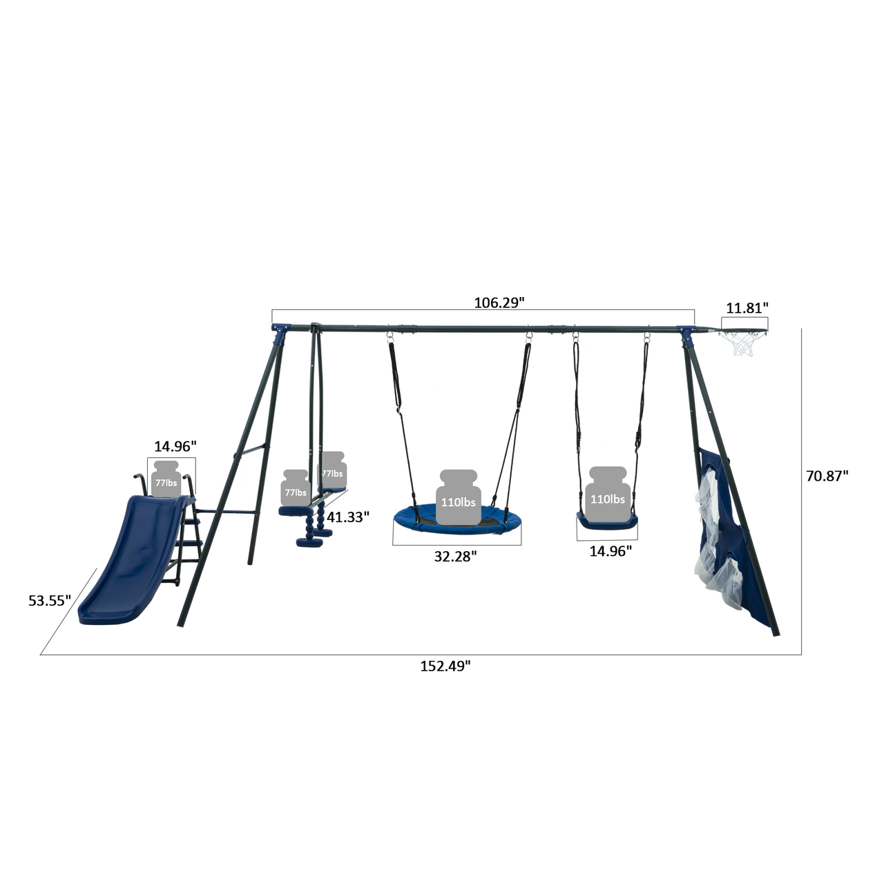 Multi unit Saucer Swingset with Mini Slide and Net Swing Grey Blue Steel Outdoor Playground 31.5in