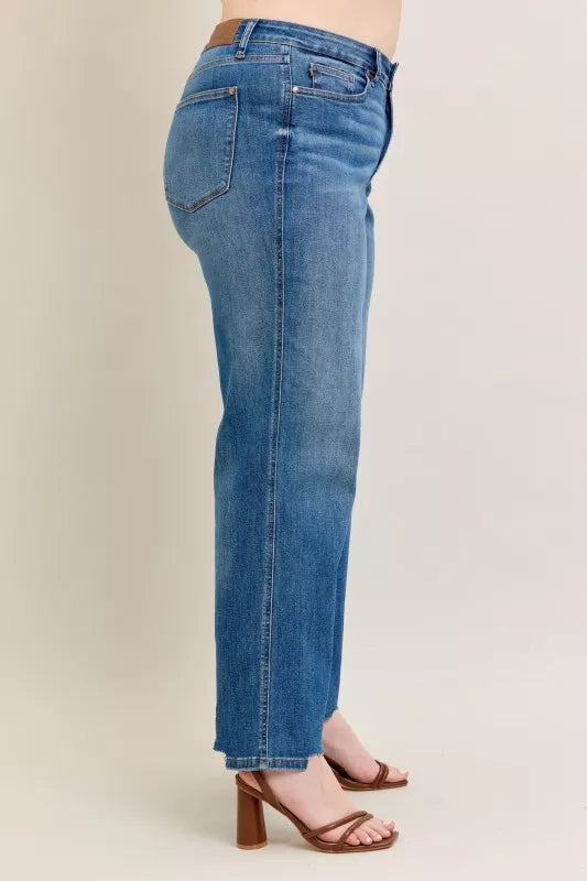 Judy Blue Full Size High Waist Tummy Control Chew Hem Destroyed Wide Jeans Plus Size