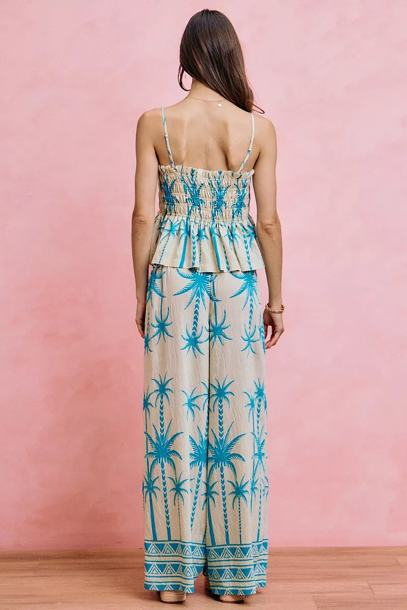 SO ME Palm Tree Smocked Bodice Adjustable Cami Top