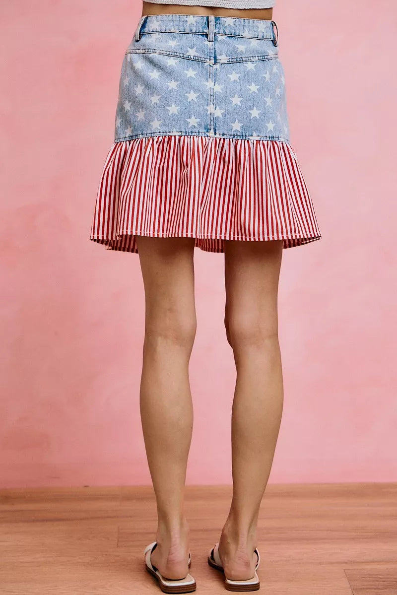 SO ME Stars And Stripes Fit And Flare Denim Mini Skirt