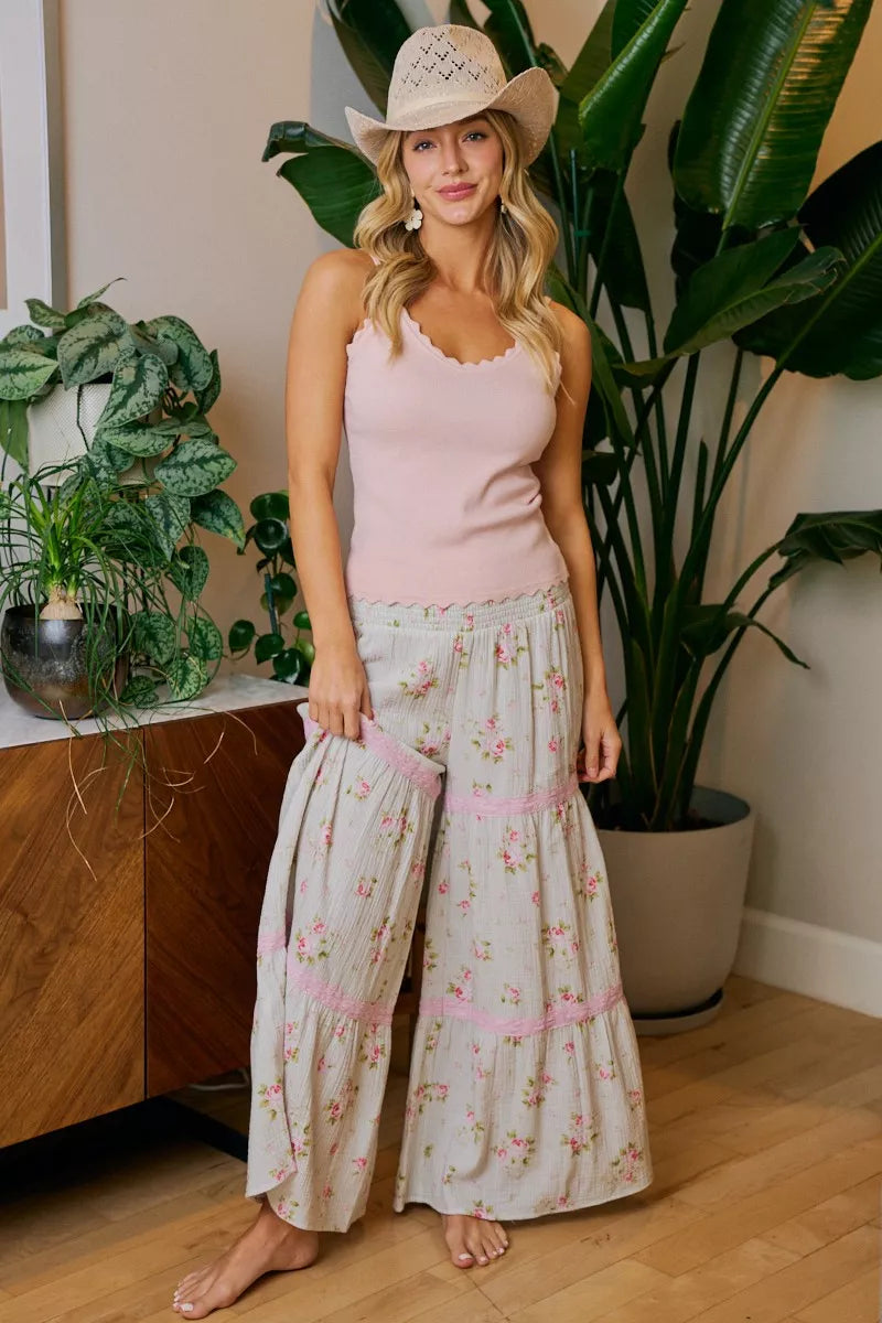 BiBi Rose Printed Gauze Trim Detail Smocked Maxi Pants