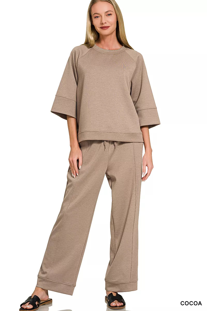 Zenana Scuba 3/4 Sleeve Pullover & Pants Set
