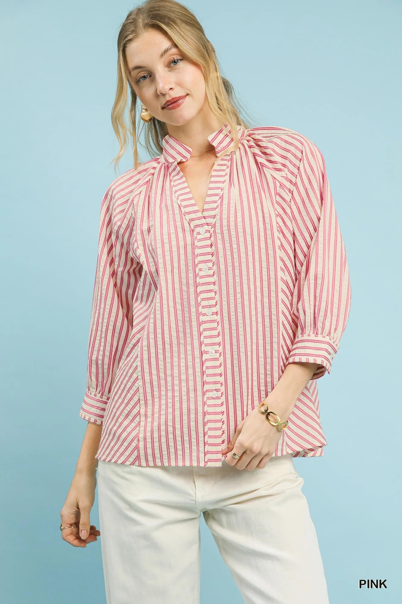 Umgee Striped V-Neck Button Down Top