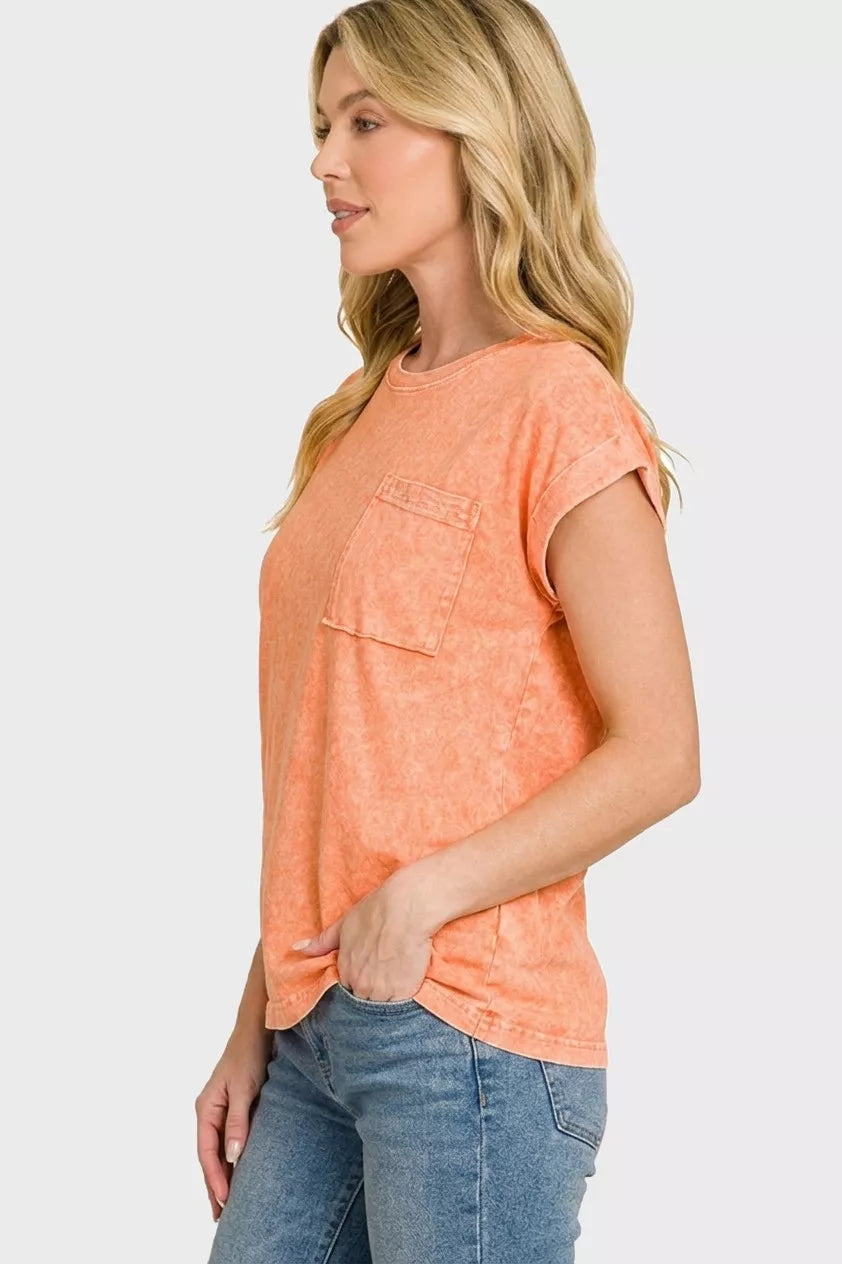 Zenana Halo Snow Washed Cuffed Short Sleeve Tee
