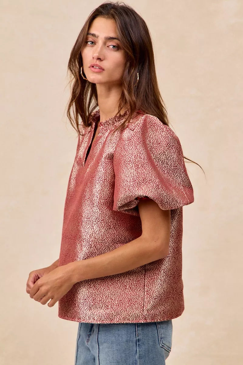 BiBi Jacquard Woven Short Balloon Sleeves V Neck Top