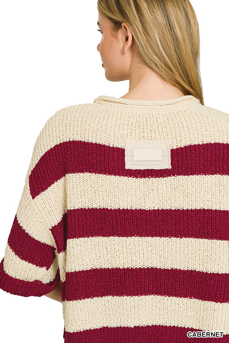 Zenana Split Neck Stripe Sweater