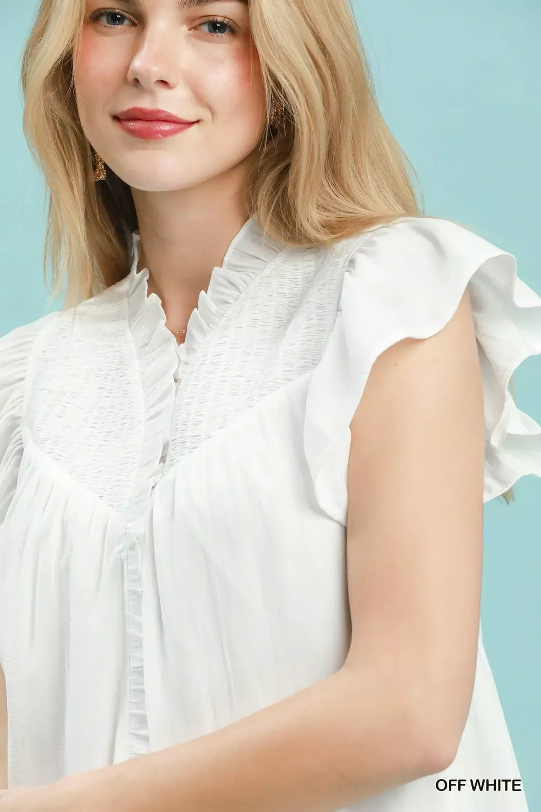 Umgee Smocked Yoke Ruffle Sleeve Blouse