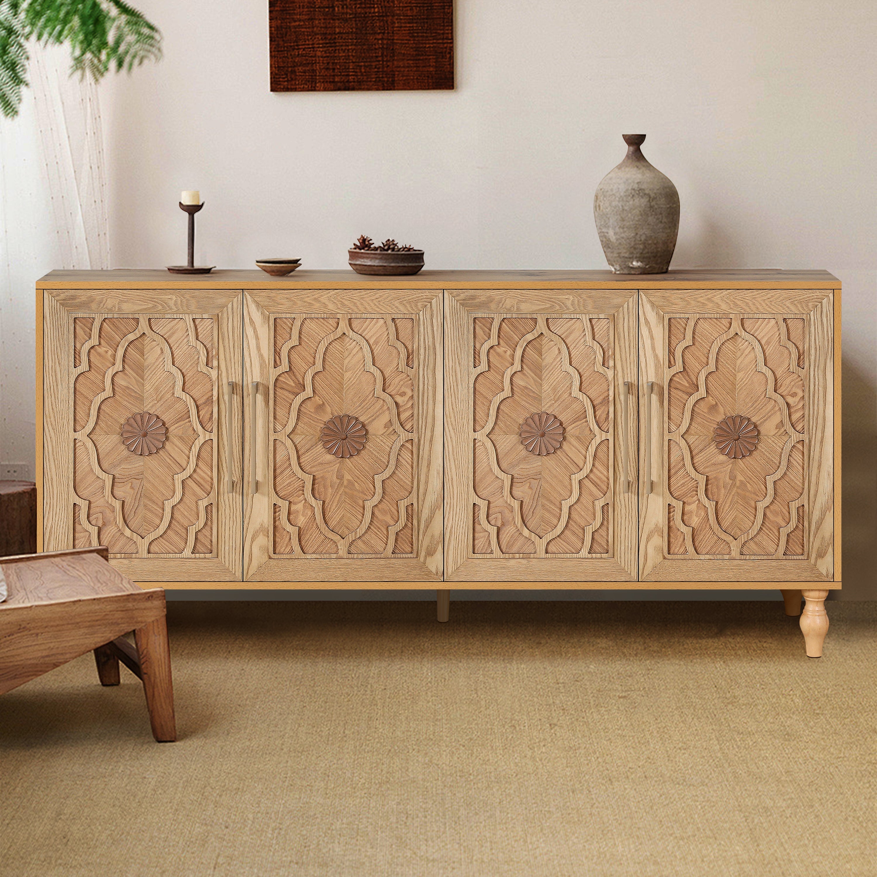 Carved Flower Door Large Storage Cabinet With Metal Handle Suitable For Living Room, Kitchen, Entryway(NATURAL WOOD)