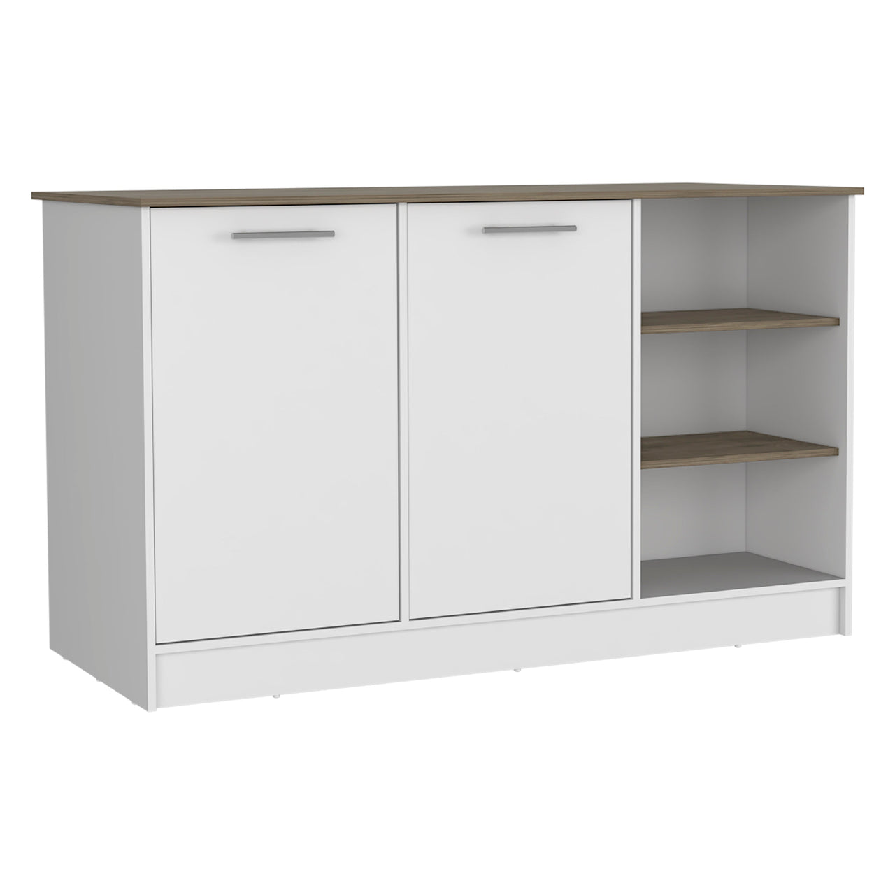 Kitchen Island Two Cabinets, Three Open Shelves, White / Dark Brown