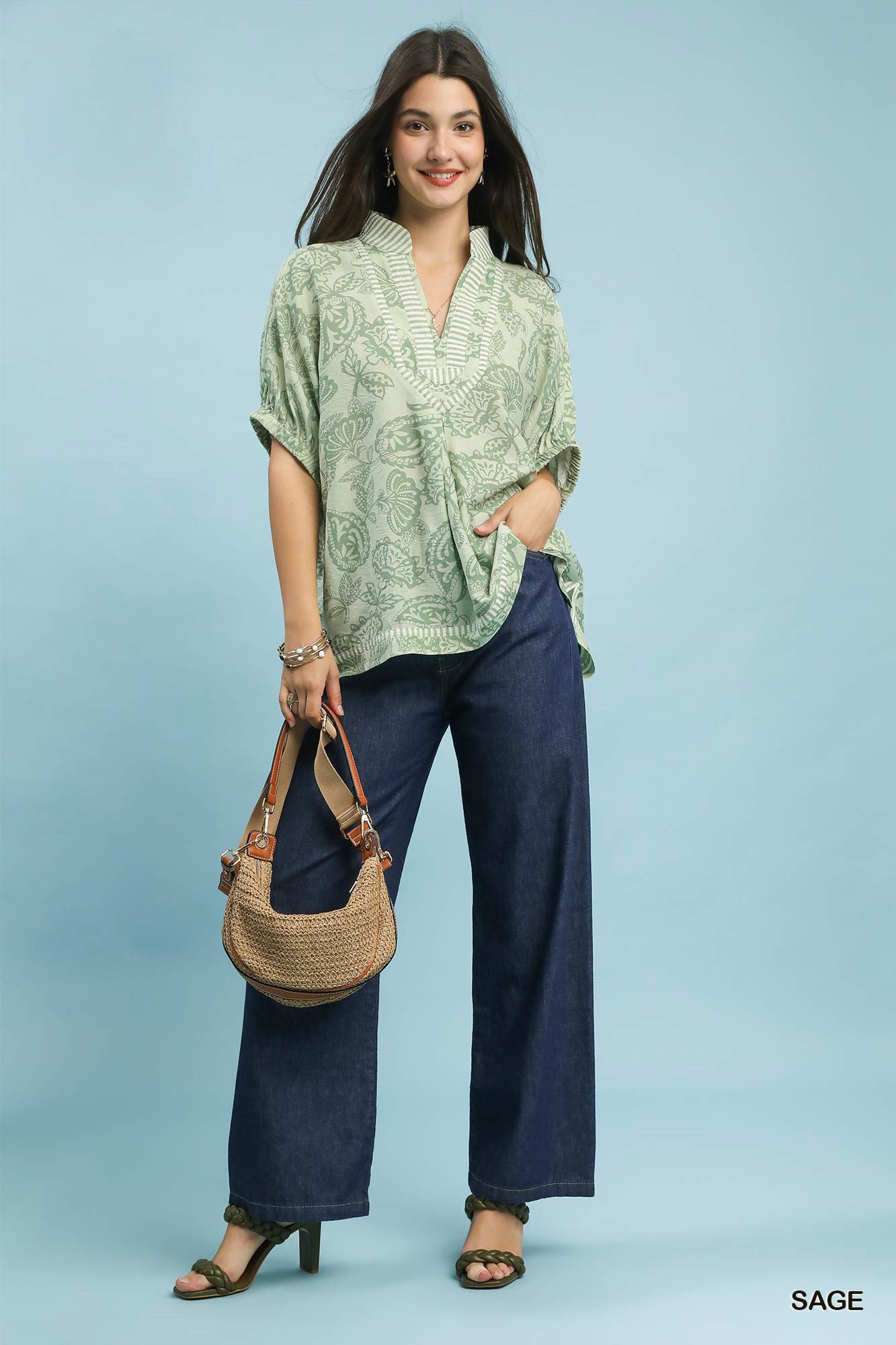 Umgee Botanical Print Mixed Trim Tunic Top