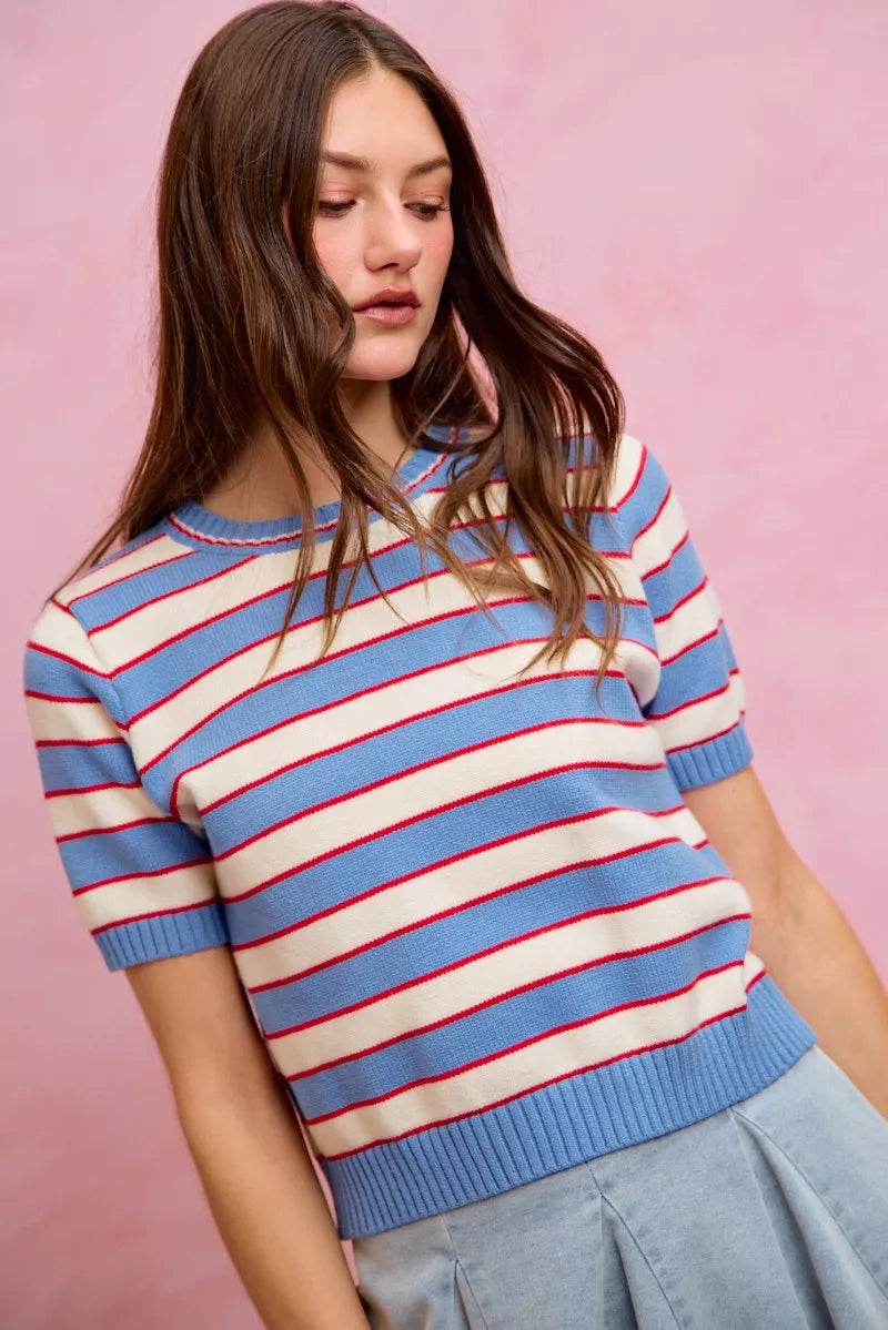 SO ME Stripe Knit Crew Neck Short Sleeves Sweater Top