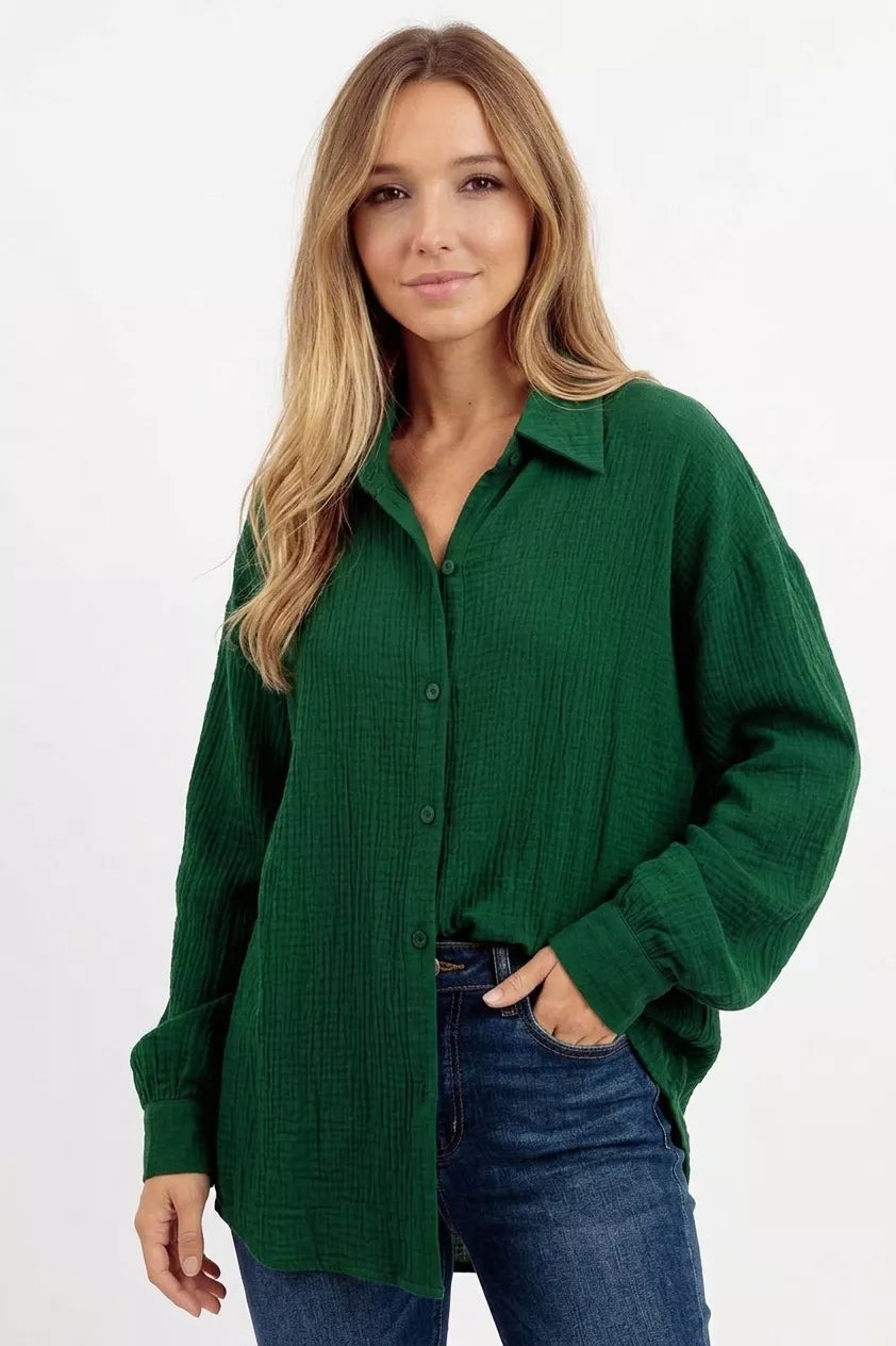 BiBi Oversized Wrinkled Gauze Button Up Shirt Top