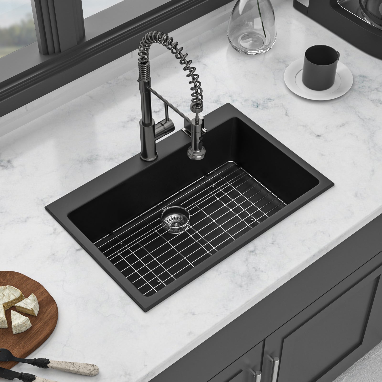 Quartz Kitchen Sink - 33' x 22' Black Granite Composite Drop-In Sink with Durable Construction